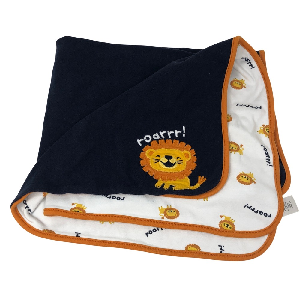 Gymboree Lion Baby Blanket Roar Navy Blue Reversible Cotton